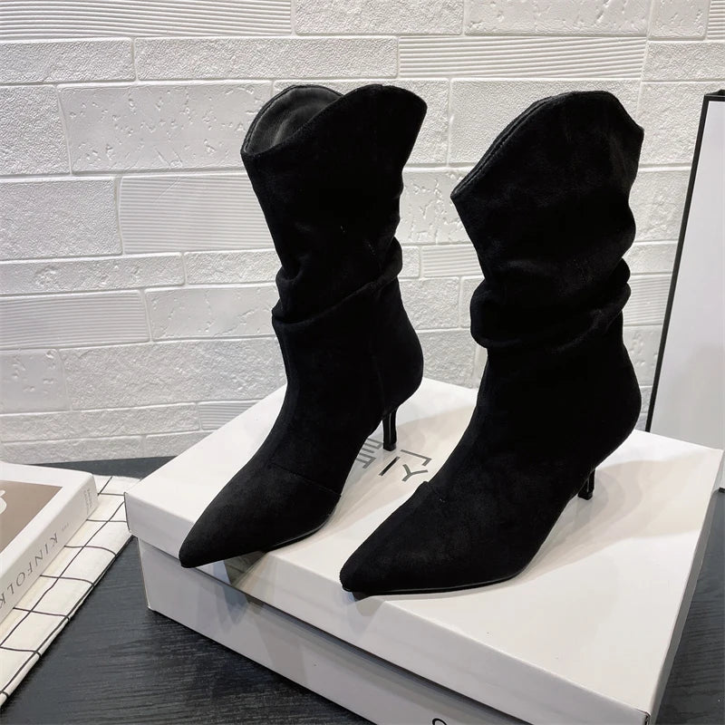 Botines Vintage con punta estrecha para Mujer, Botas cortas sin cordones con tacón alto conciso para otoño, Zapatos De Mujer