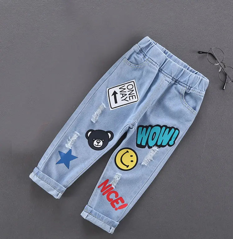 Primavera otoño niños Jeans niños algodón estampado empalme pantalones vaqueros elásticos pantalones coreanos para adolescentes ropa para niños DenimRipped