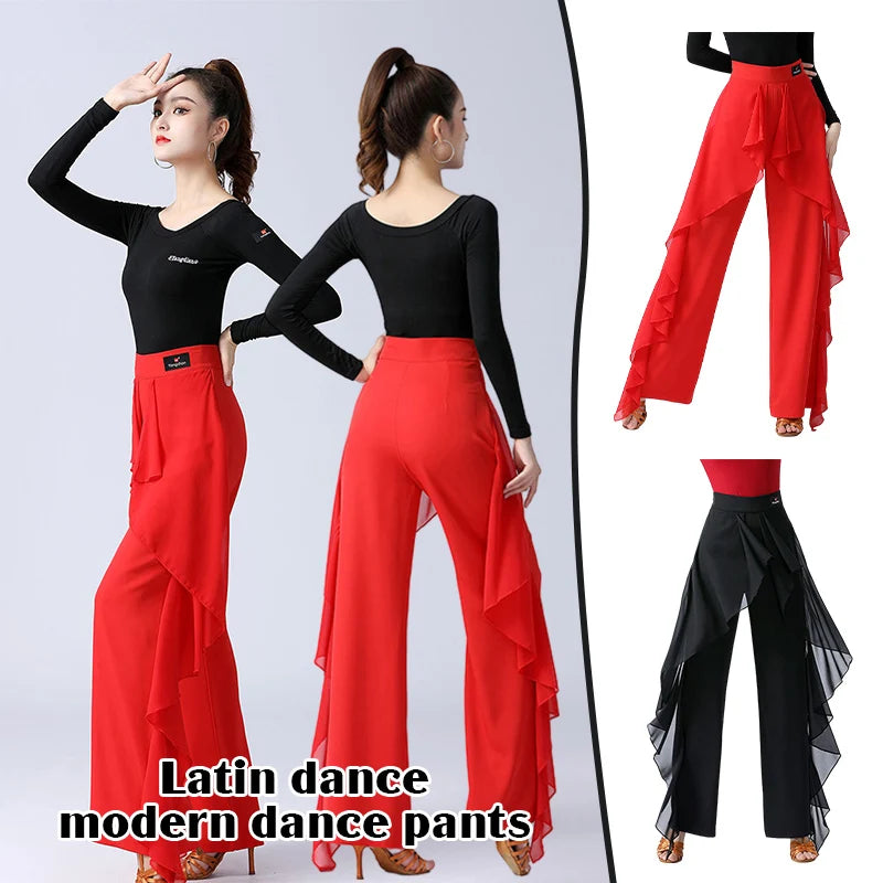 Pantalones de baile latino para mujer, pantalones anchos con volantes de cintura alta para baile moderno, pantalones de salón Tango Samba, traje de práctica de actuación