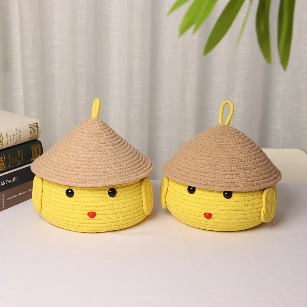 Cesta de almacenamiento tejida a mano, cuerda de algodón con tapa, cesta bonita de dibujos animados, organizador de juguetes para aperitivos, caja de almacenamiento de maquillaje de escritorio, decoración del hogar