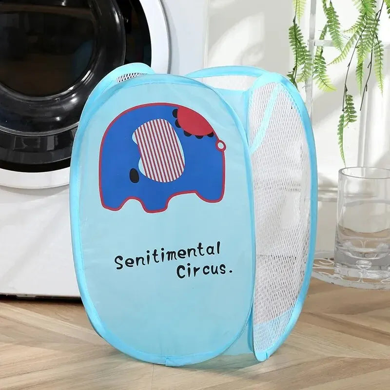Cesta de lavandería plegable con estampado de dibujos animados, cesto de ropa sucia de malla de nailon, contenedor de almacenamiento, tela moderna Simple para organización del hogar