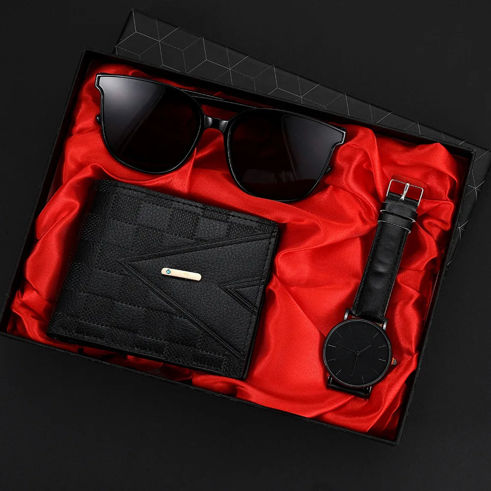 Relógio de movimento de cuarzo versátil masculino, gafas de sol bonito, carteira casual, presente perfecto para festa 3 peças