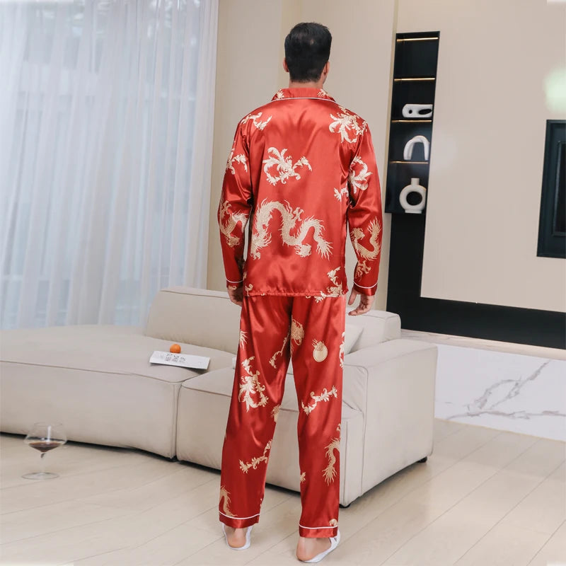 Pijamas de seda de hielo para hombre ropa de dormir de manga larga dragón chino año del zodiaco rojo talla grande primavera y otoño 2024