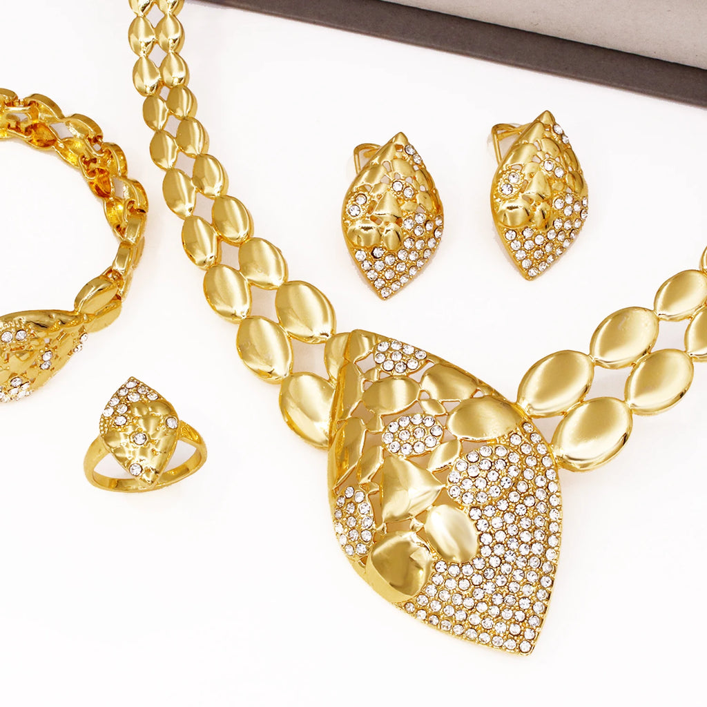 Conjuntos de joyas de calidad para mujer, diseño de lujo, collar de Color dorado, pendientes, anillo, pulsera, regalo de fiesta de boda