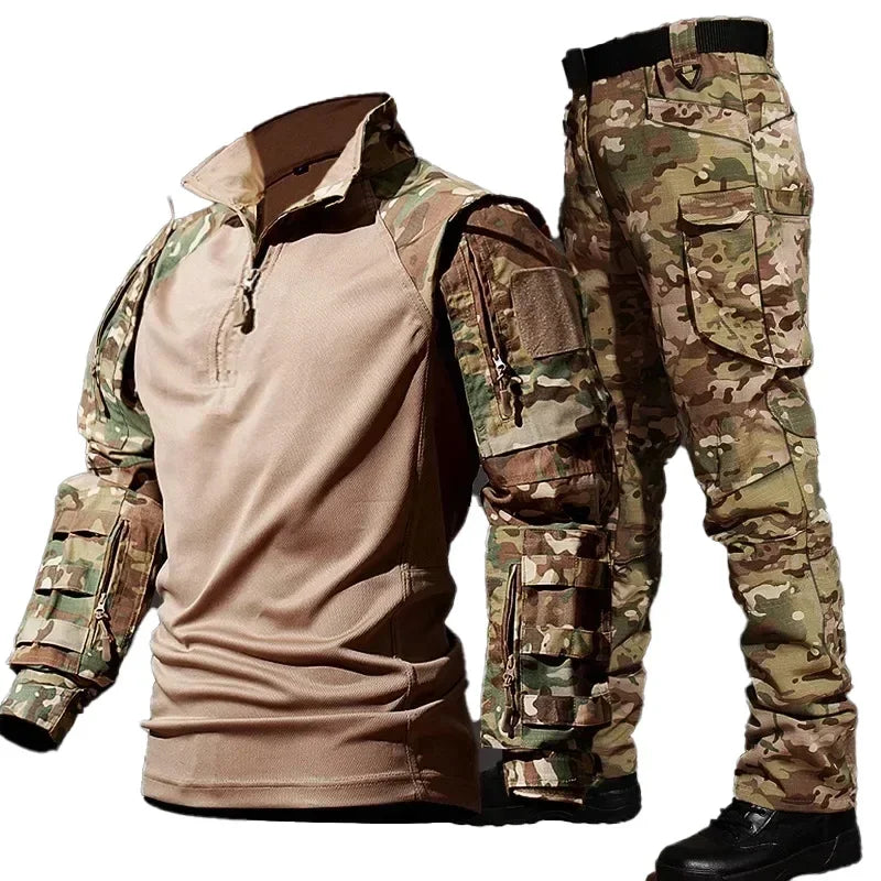 Conjuntos tácticos al aire libre, ropa para hombre, camisas multibolsillos + pantalón Cargo recto, trajes de 2 piezas, conjunto táctico resistente al viento de camuflaje
