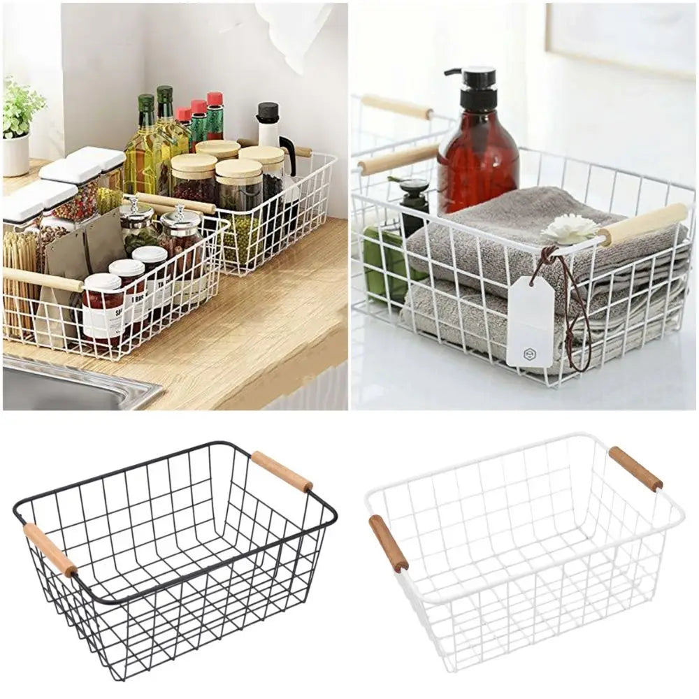 Cesta de almacenamiento de escritorio de Metal, color blanco y negro, con mango de madera, cesta con cable de hierro, contenedor rectangular de artículos diversos de gran capacidad