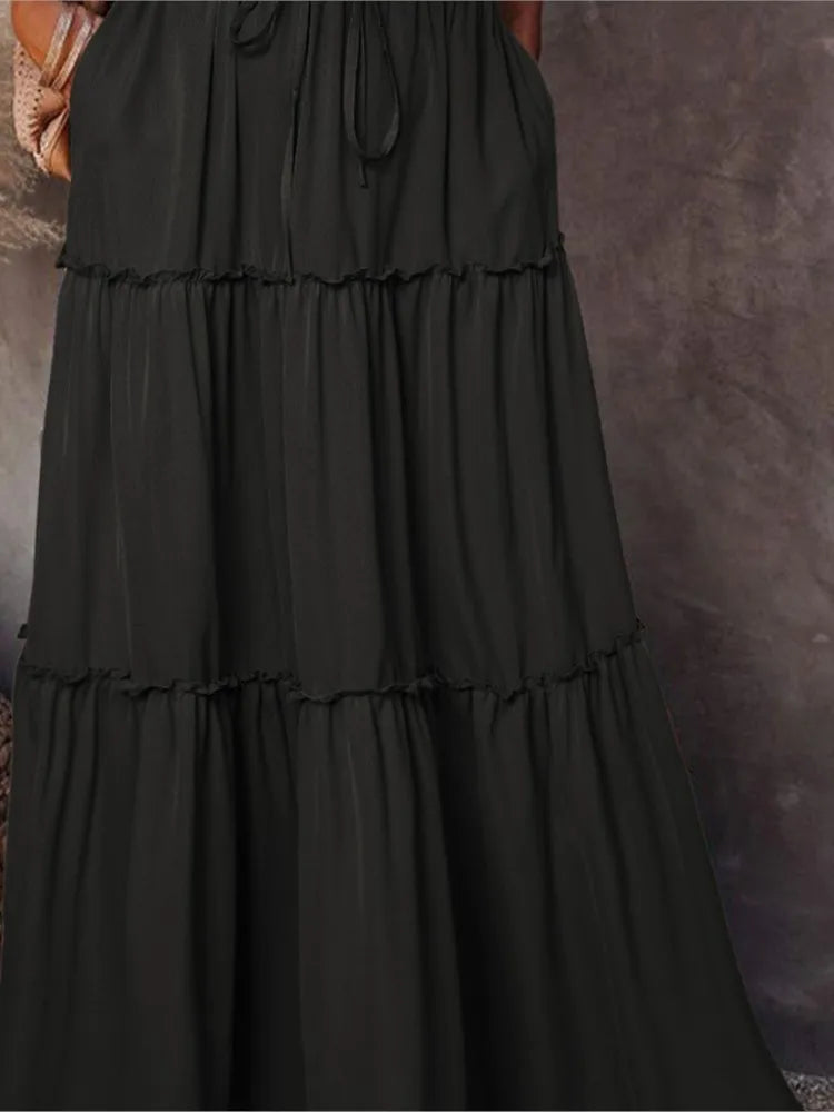 Falda larga de Color liso para mujer, falda en capas de seta de moda, falda elástica de cintura alta con volantes, primavera y otoño, nueva