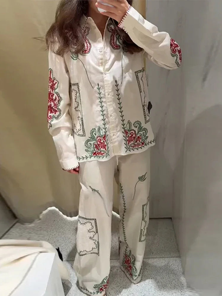 Conjunto de camisa de solapa bordada Retro, pantalón largo, camisas informales elegantes con una botonadura, conjuntos de pantalones rectos, trajes elegantes de verano