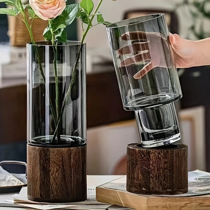 Elegante florero de cristal con base de madera para plantas hidropónicas, arreglo floral de mesa moderno, decoración del hogar
