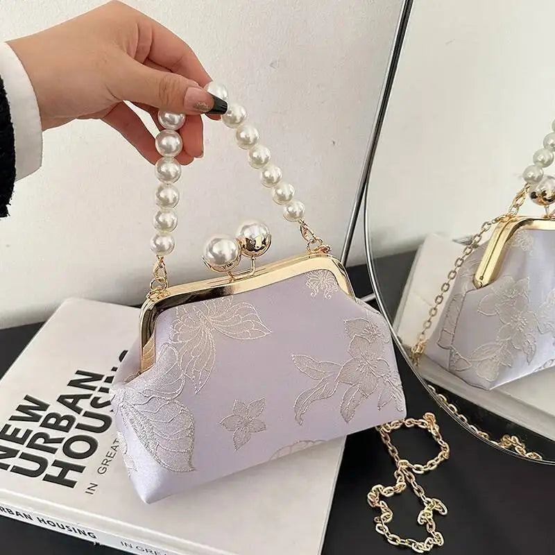 Bolso de mano bordado de estilo bohemio para mujer, bolsos de hombro con patrón floral, elegante bolso con correa de cadena y asa de metal, cartera de regalo