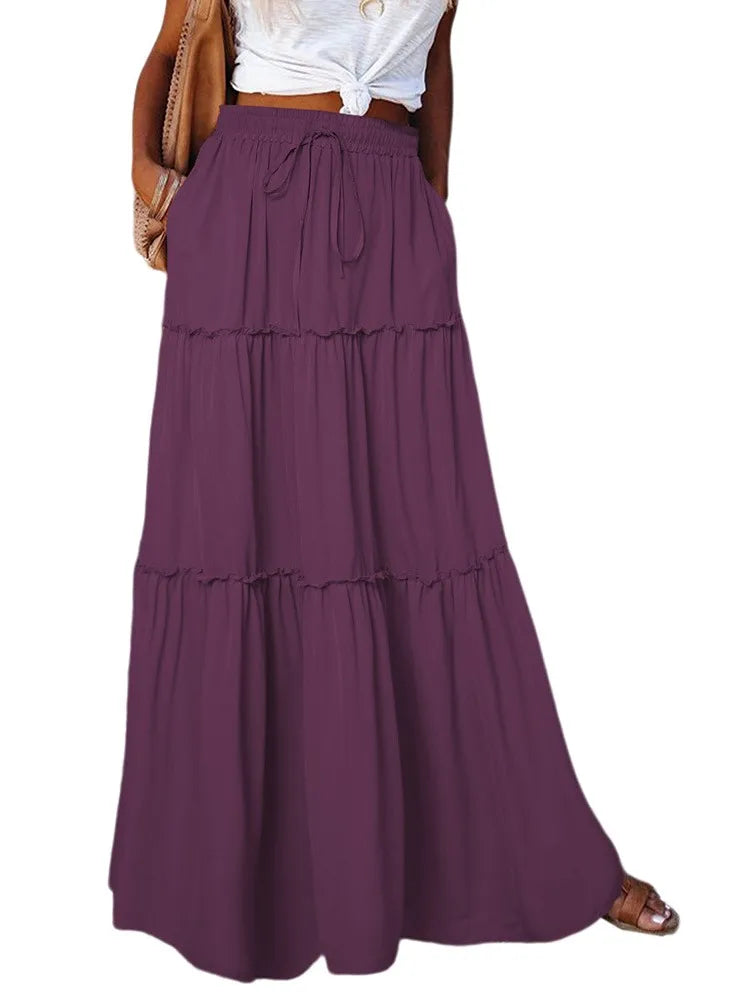 Falda larga de Color liso para mujer, falda en capas de seta de moda, falda elástica de cintura alta con volantes, primavera y otoño, nueva