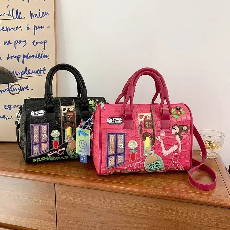 Bolso de mujer tridimensional bordado europeo y americano nuevo bolso Boston de hombro de gran capacidad bolso cruzado de moda