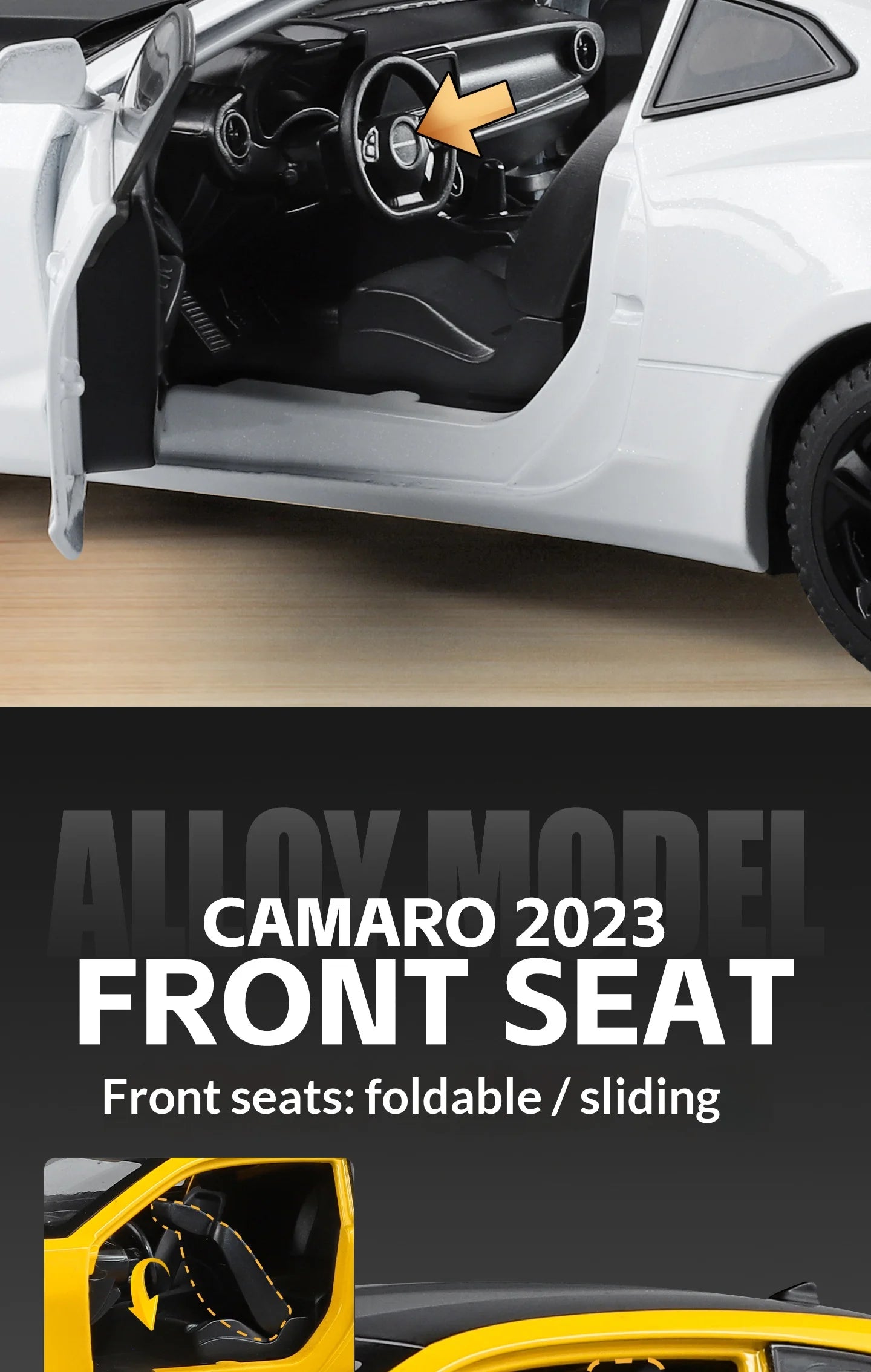 Modelo de coche de aleación Camaro - Puertas abiertas - Absorción de impactos de neumáticos de goma - Cuerpo de metal fundido a presión - Decoraciones para automóviles