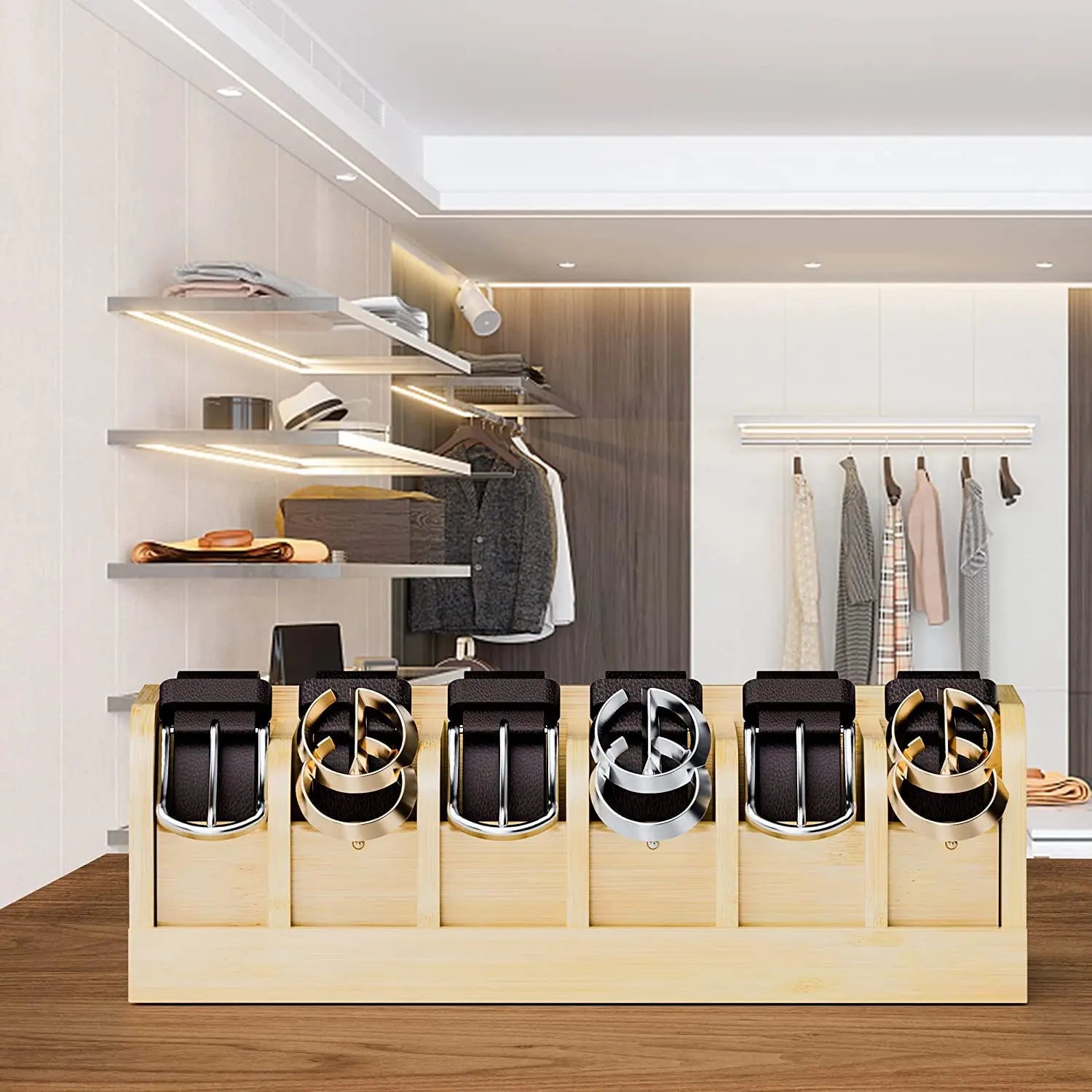 Caja organizadora de cinturones de bambú para hombres y mujeres, rejilla de almacenamiento para mostrar 6 cinturones, soporte de cinturón para armario, organizadores de cajón, correa de reloj, pajarita