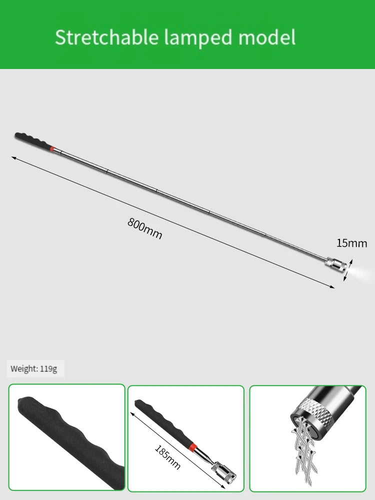 Herramienta de recogida magnética con luz LED, eje flexible para reparación de automóviles y hogar, barra magnética fuerte para tornillos, tuercas en espacios apretados