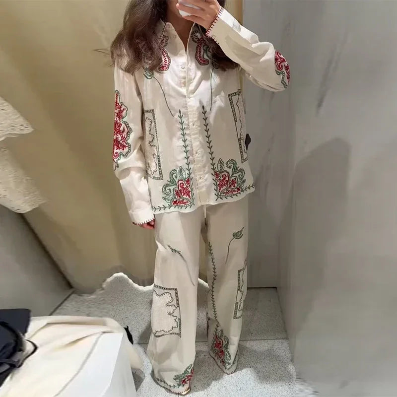 Conjunto de camisa de solapa bordada Retro, pantalón largo, camisas informales elegantes con una botonadura, conjuntos de pantalones rectos, trajes elegantes de verano