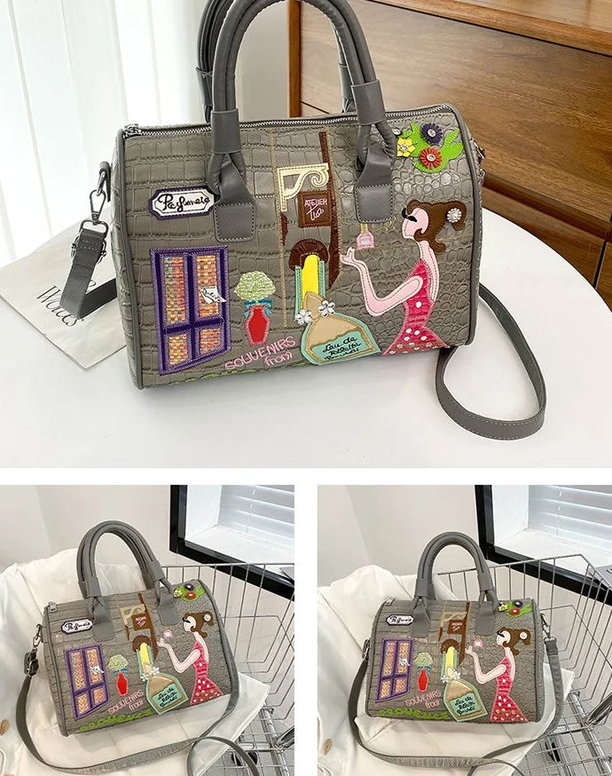 Bolso de mujer tridimensional bordado europeo y americano nuevo bolso Boston de hombro de gran capacidad bolso cruzado de moda