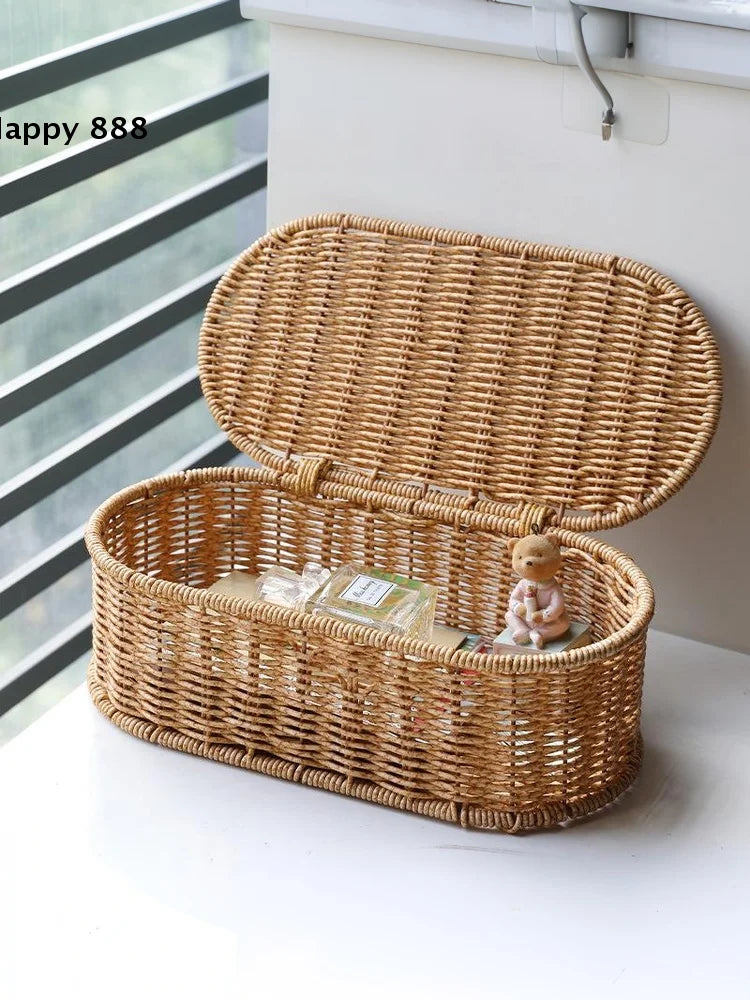 Cesta de almacenamiento de ratán de imitación de estilo bohemio, una caja de almacenamiento tejida con un marco a prueba de polvo para decoración del hogar