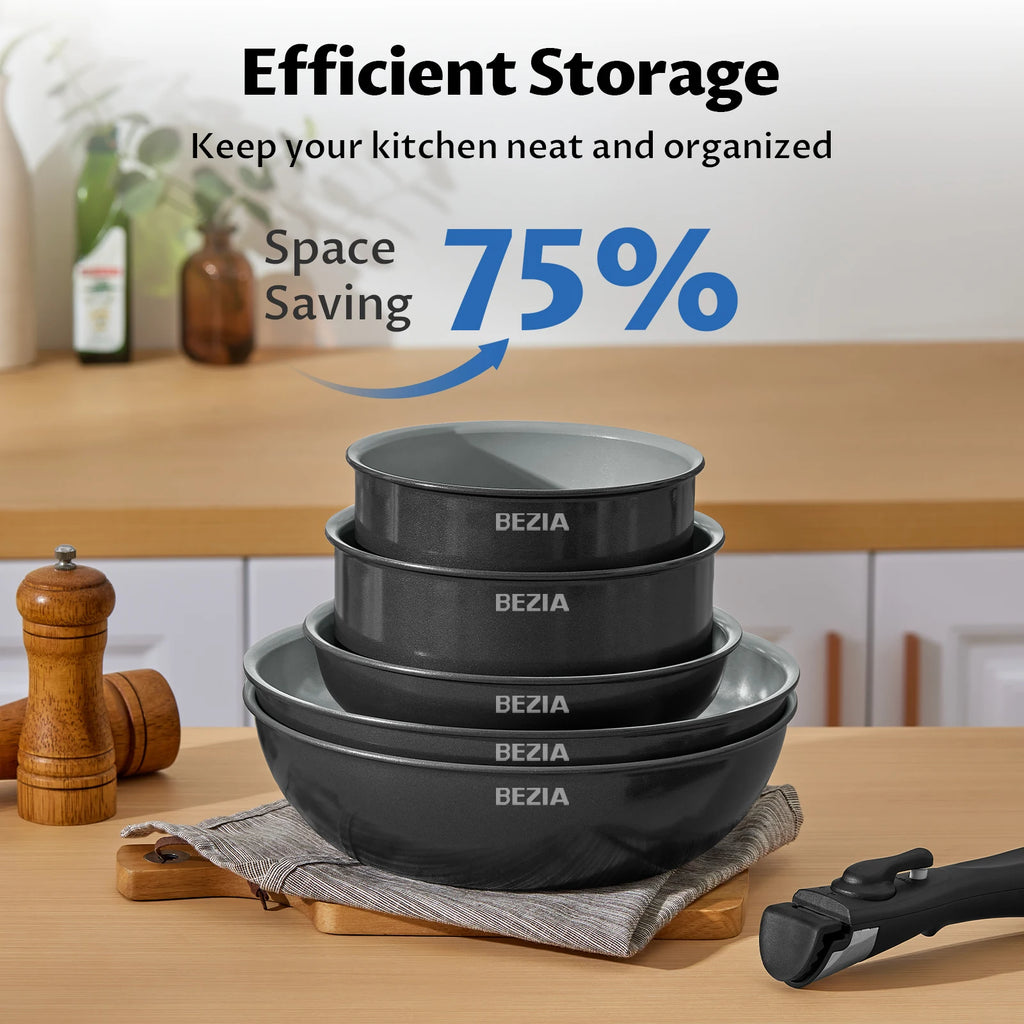 Batería de cocina de inducción Bezia con revestimiento cerámico saludable, ollas y sartenes antiadherentes, juego de 13 piezas con asas desmontables