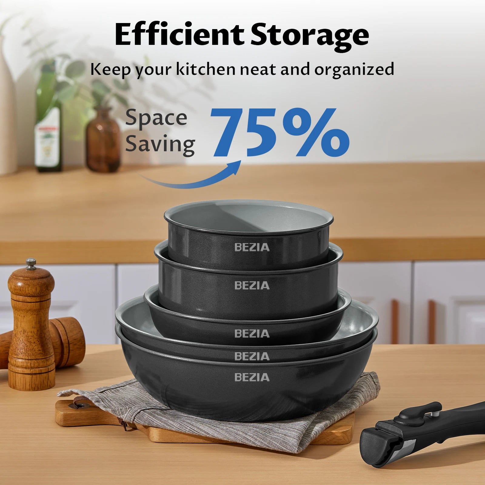 Batería de cocina de inducción Bezia con revestimiento cerámico saludable, ollas y sartenes antiadherentes, juego de 13 piezas con asas desmontables