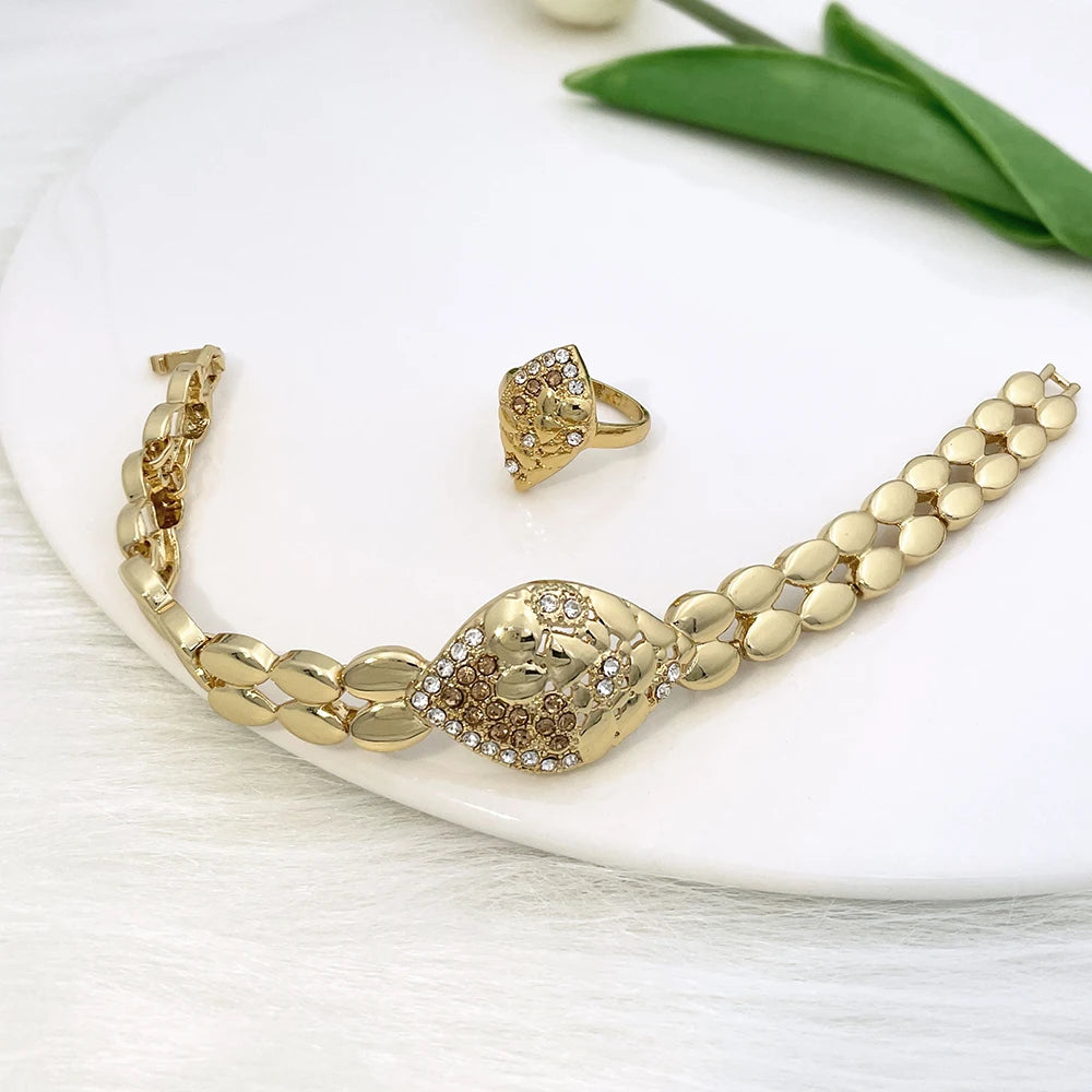 Conjuntos de joyas de calidad para mujer, diseño de lujo, collar de Color dorado, pendientes, anillo, pulsera, regalo de fiesta de boda