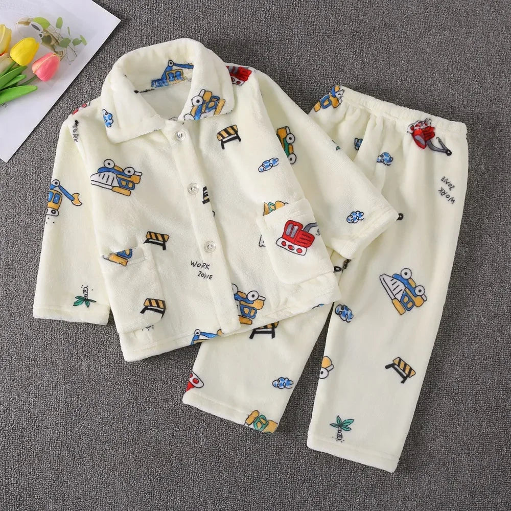 Conjuntos de pijamas cálidos de Franela suave para niños, abrigo con solapa de dibujos animados bonitos y pantalones, ropa de dormir informal para niños, Otoño e Invierno