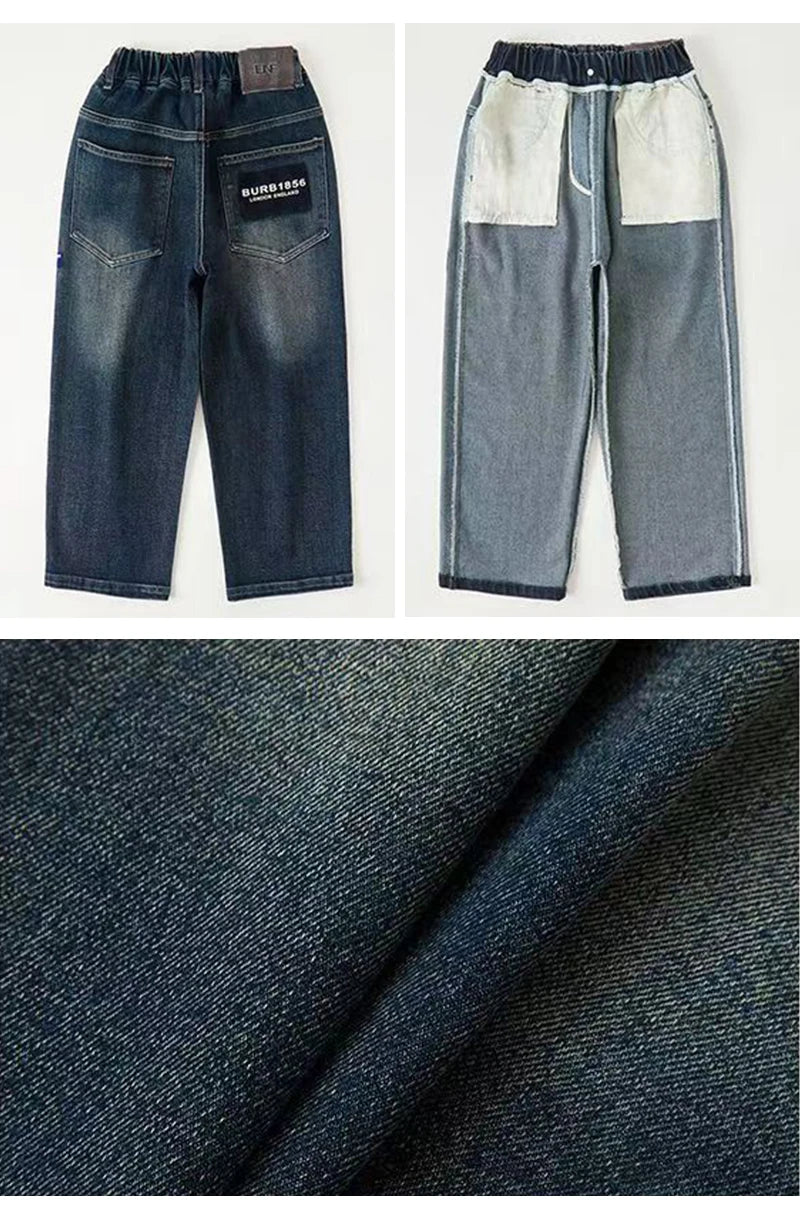 Pantalones vaqueros para niños adolescentes, pantalones vaqueros con letras a la moda para primavera y otoño, pantalones rectos sueltos informales para niños de 4 a 14 años