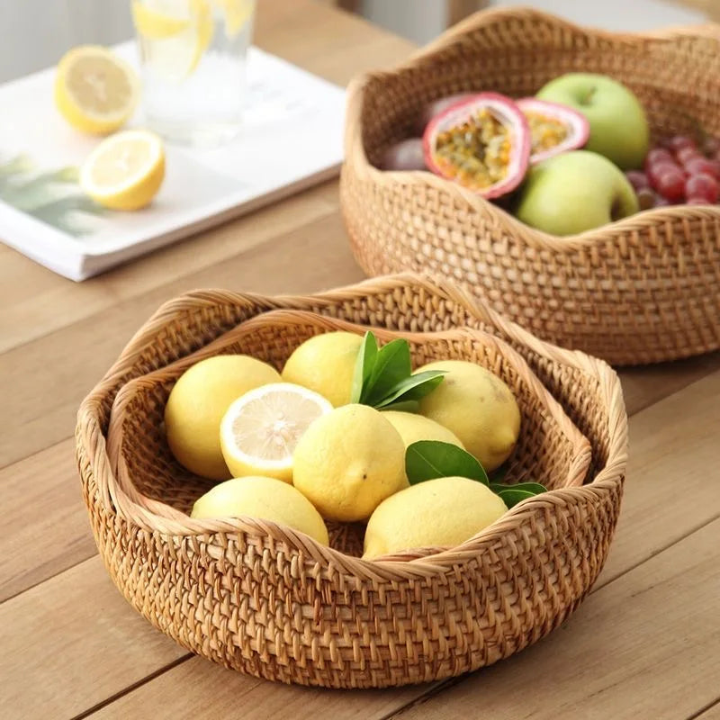 Cesta redonda de ratán para fruta, bandeja tejida de mimbre para aperitivos, organizador de alimentos para pan, almacenamiento de cocina, decoración del hogar
