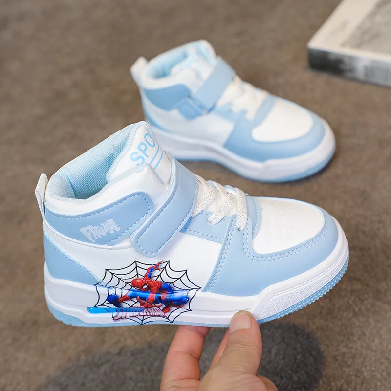 Zapatos informales para niños, zapatillas hasta el tobillo, zapatos de primavera de cuero PU para niños, zapatos antideslizantes con Velcro en negro y azul, talla 26-37