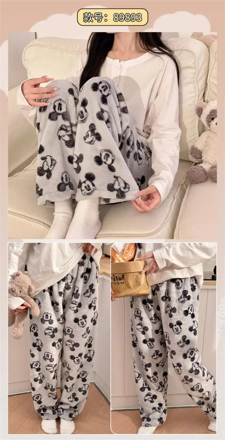 Pantalones de pijamas de franela de invierno para mujer, pantalones de felpa de Hello Kitty Sanrio Kawaii, pantalones cálidos de terciopelo Coral grueso para dormir, pantalones de casa