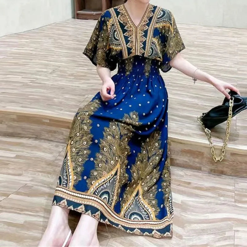 Vestido largo de cuerda Para Mujer, traje bohemio con cuello en V, estilo Retro, informal, estampado coreano, Verano