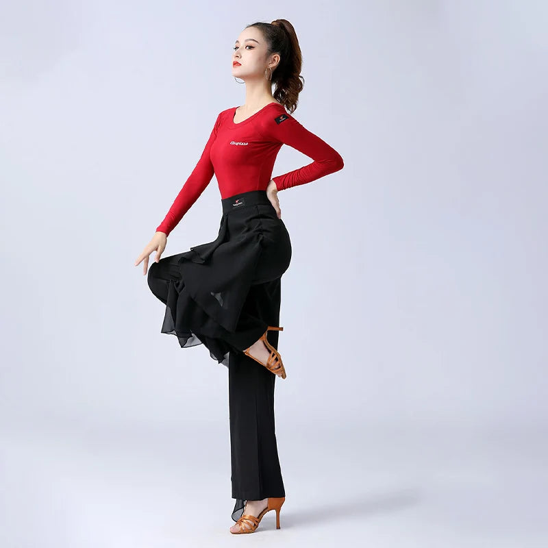 Pantalones de baile latino para mujer, pantalones anchos con volantes de cintura alta para baile moderno, pantalones de salón Tango Samba, traje de práctica de actuación