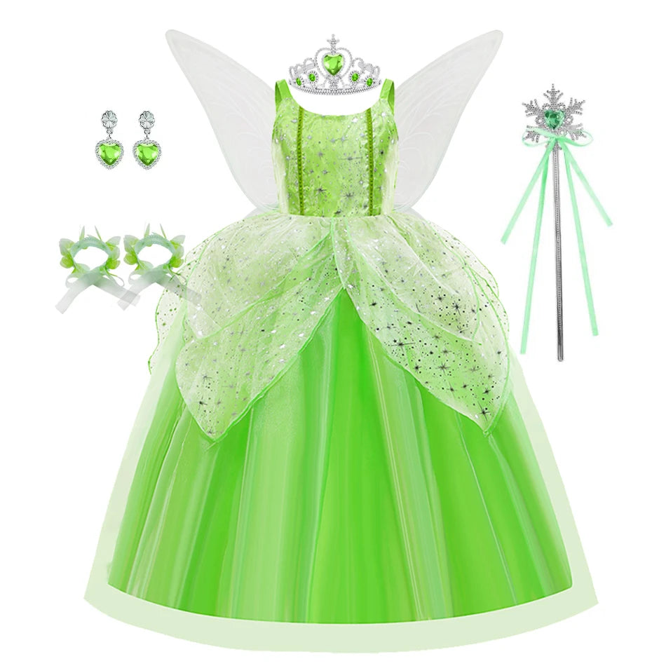 Vestido de Hada de las flores para niñas, vestido de princesa con alas, disfraz de princesa de Halloween, fiesta de elfos, Tinkerbell, vestido de campanilla