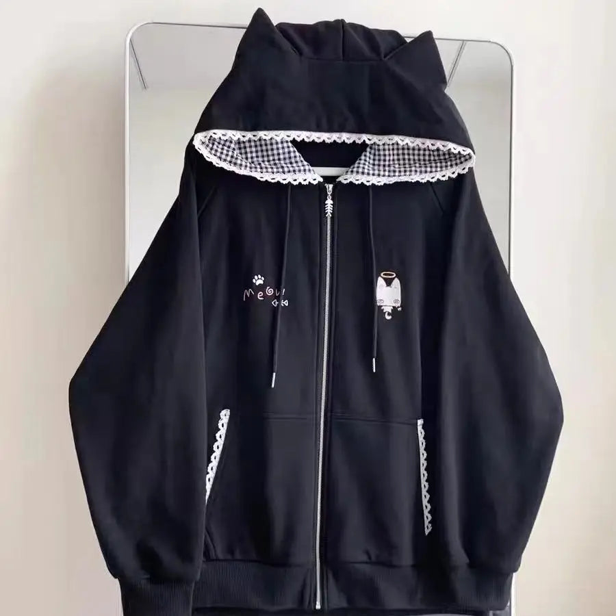Ropa de Mujer, sudaderas con capucha bonitas japonesas, abrigos con estampado de gato bonito, sudaderas con capucha Y2K, Tops, Ropa de Mujer, Sudadera con capucha holgada informal con cremallera