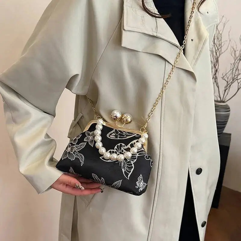 Bolso de mano bordado de estilo bohemio para mujer, bolsos de hombro con patrón floral, elegante bolso con correa de cadena y asa de metal, cartera de regalo