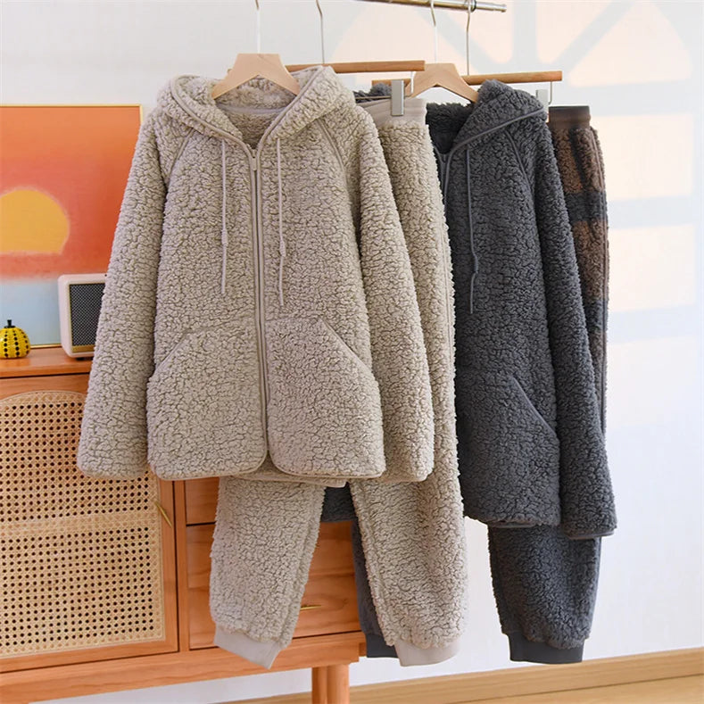 Otoño Invierno nuevas mujeres cálido suave pareja pijamas de lana Coral 2 piezas traje para casa Casual pijamas con capucha ropa de noche