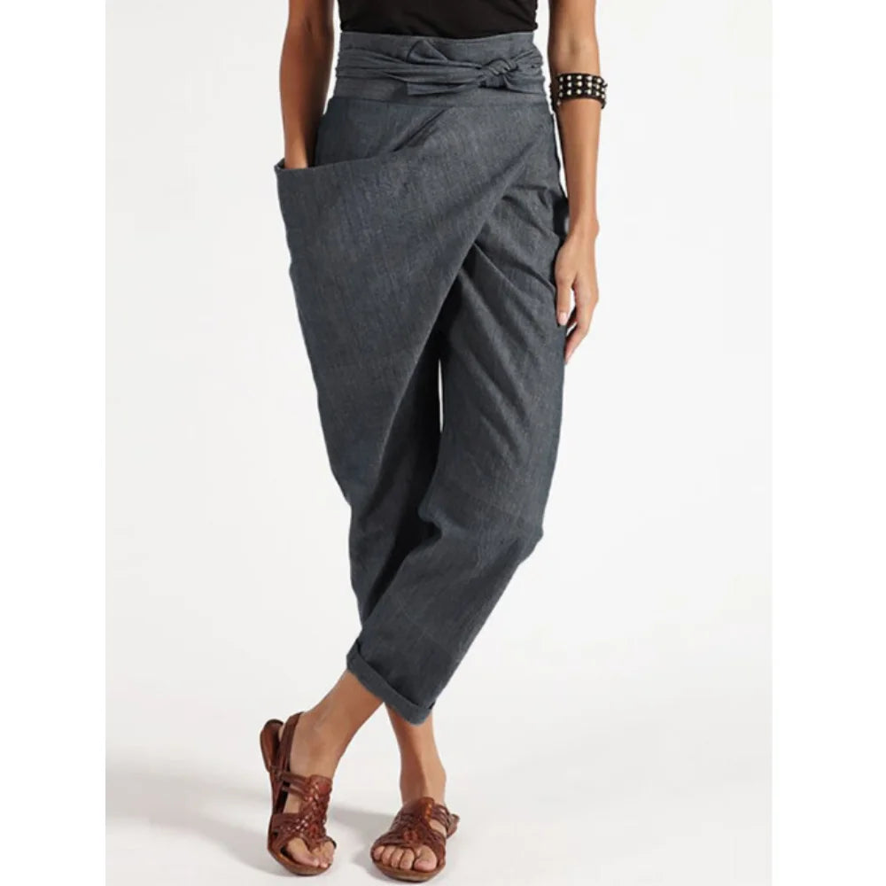 Pantalones de pierna ancha para mujer, pantalones informales Cargo con cintura elástica y banda, pantalones cortos con cordones irregulares, ropa para mujer