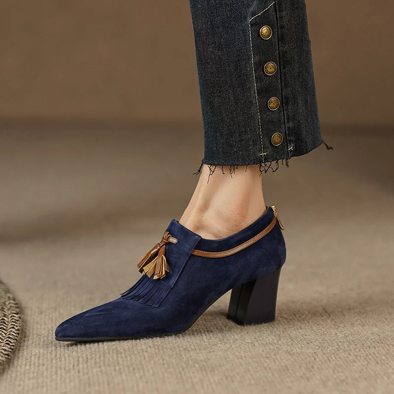 2025 primavera zapatos de mujer puntiagudos tacón grueso zapatos de tacón alto de gamuza de oveja zapatos con hebilla de cinturón para mujer zapatos de mujer