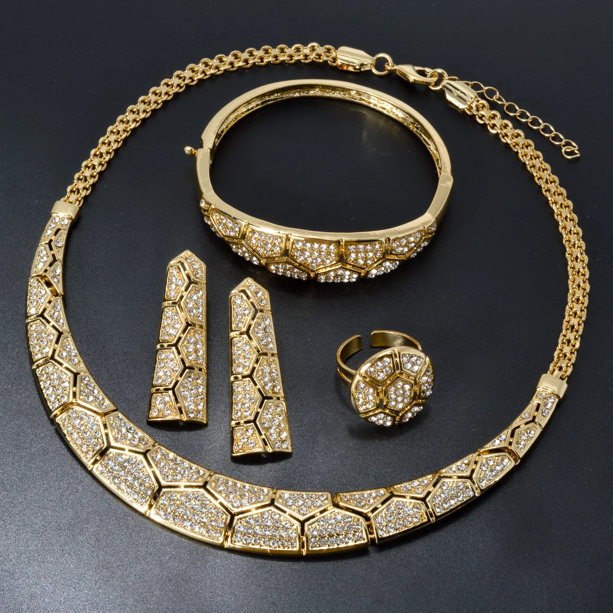 Sunny Jewelry-Conjunto de boda nupcial, circonita de acorita, pendientes chapados en oro clásico, collar, pulsera, anillo para mujer, regalo de aniversario