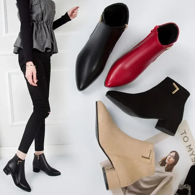 Botas de Mujer a la moda, Zapatos informales de cuero con tacones bajos y altos, Zapatos de primavera para Mujer, botines de goma con punta estrecha, Zapatos negros y rojos para Mujer785