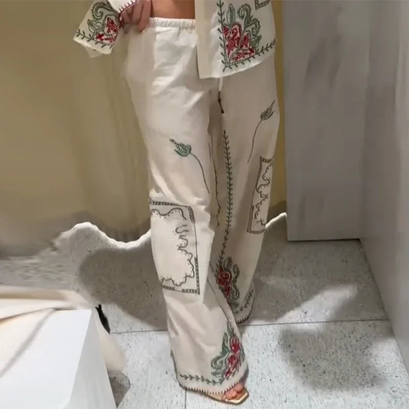 Conjunto de camisa de solapa bordada Retro, pantalón largo, camisas informales elegantes con una botonadura, conjuntos de pantalones rectos, trajes elegantes de verano