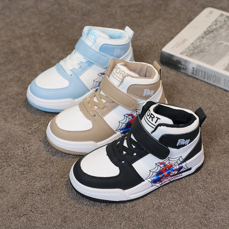 Zapatos informales para niños, zapatillas hasta el tobillo, zapatos de primavera de cuero PU para niños, zapatos antideslizantes con Velcro en negro y azul, talla 26-37