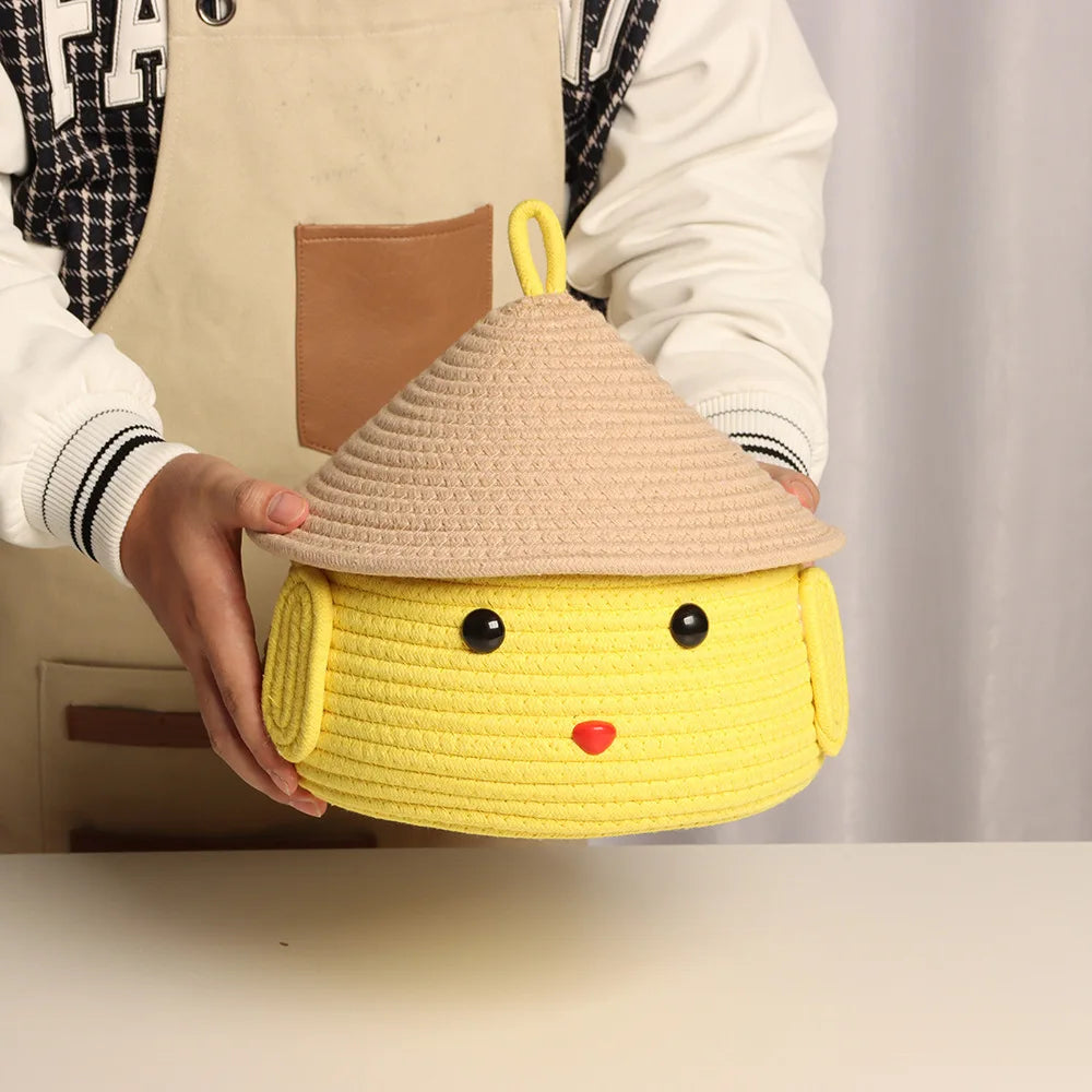Cesta de almacenamiento tejida a mano, cuerda de algodón con tapa, cesta bonita de dibujos animados, organizador de juguetes para aperitivos, caja de almacenamiento de maquillaje de escritorio, decoración del hogar