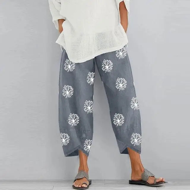 Pantalones bombachos Vintage de lino y algodón para mujer, pantalón de pierna ancha con cintura elástica, informal, holgado, con bolsillos sólidos