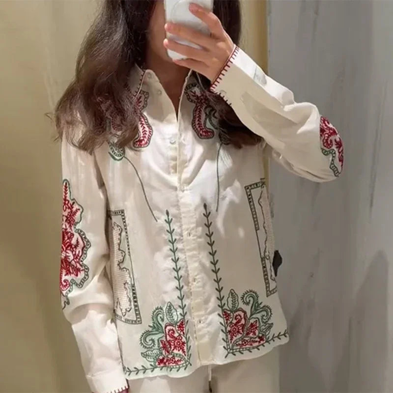 Conjunto de camisa de solapa bordada Retro, pantalón largo, camisas informales elegantes con una botonadura, conjuntos de pantalones rectos, trajes elegantes de verano