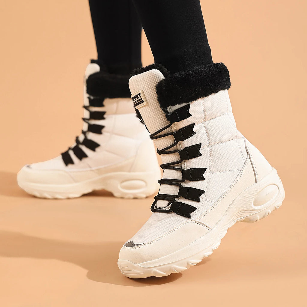 Zapatos de invierno impermeables para mujer, cómodas botas de senderismo al tobillo para exteriores, botas altas con plataforma de piel, botas de nieve cálidas