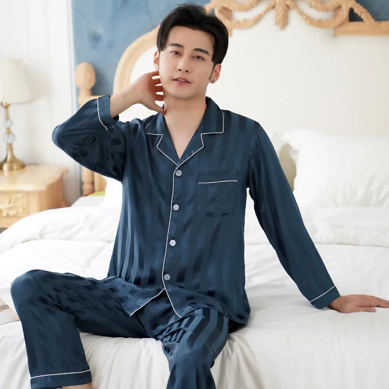 Pijamas para hombre, Primavera Verano, seda fina de hielo, lujoso, holgado, traje para el hogar, conjunto de pijamas de satén para hombre, conjunto de pijamas de noche para hombre