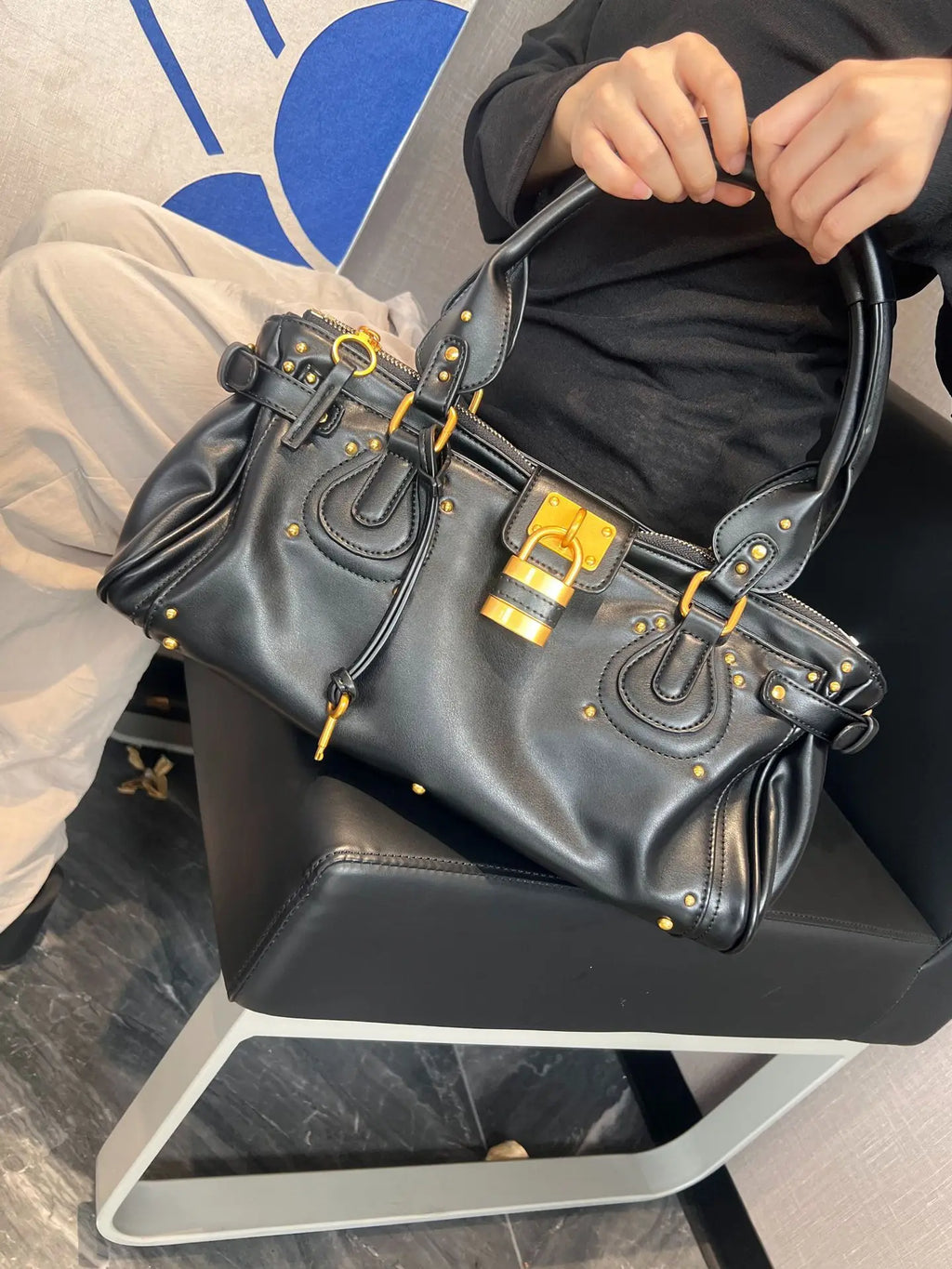 Bolso con Cabeza de Candado Retro, Bolso con Almohada con Remaches, Bolso de Chica Estilo Millennium, Bolso Cruzado para Ir al Trabajo