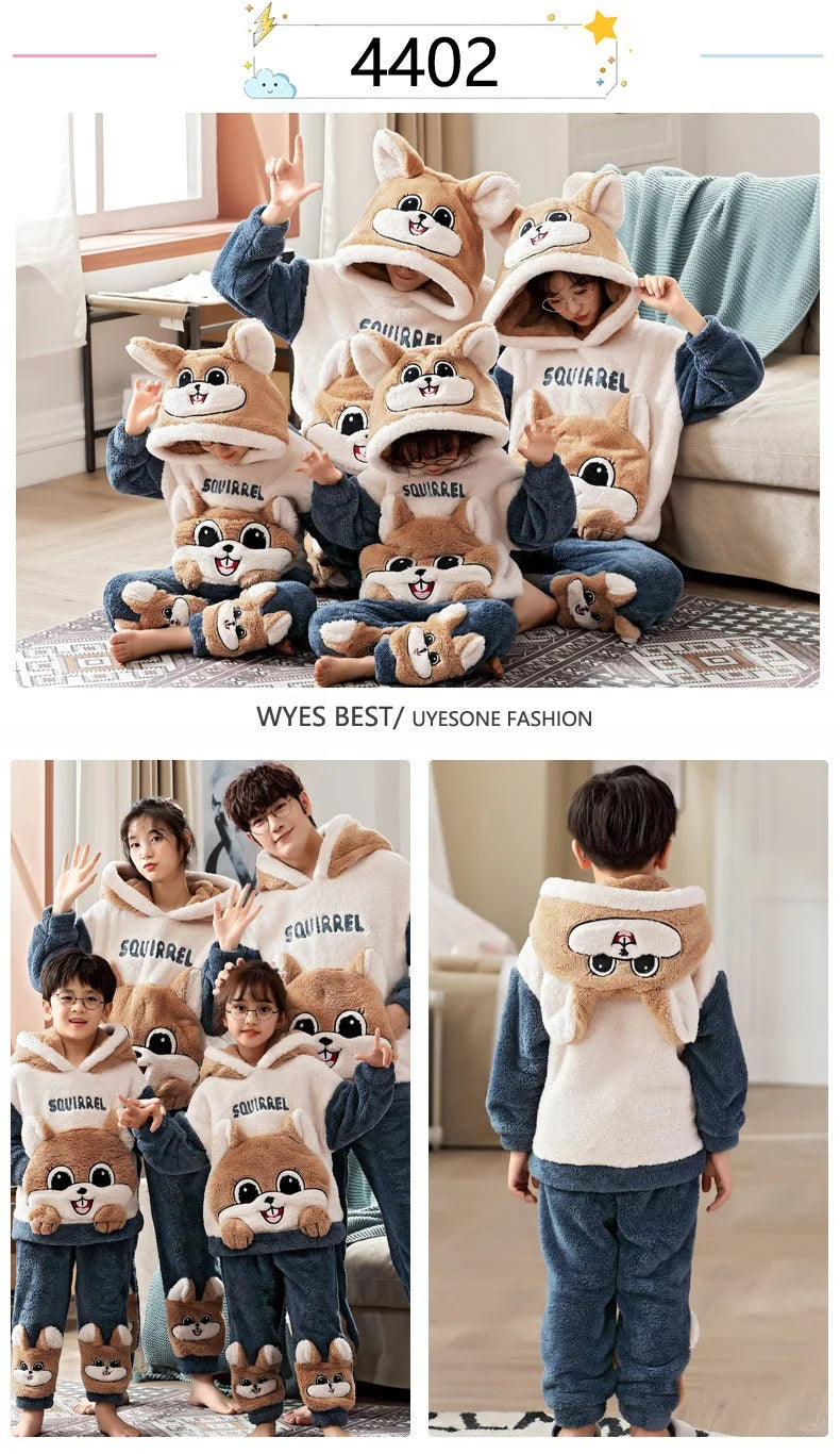 Pijamas gruesos de invierno para padres e hijos, ropa de dormir para mujeres y hombres, trajes para niños, conjuntos de Pijamas, ropa de ocio de gato de dibujos animados