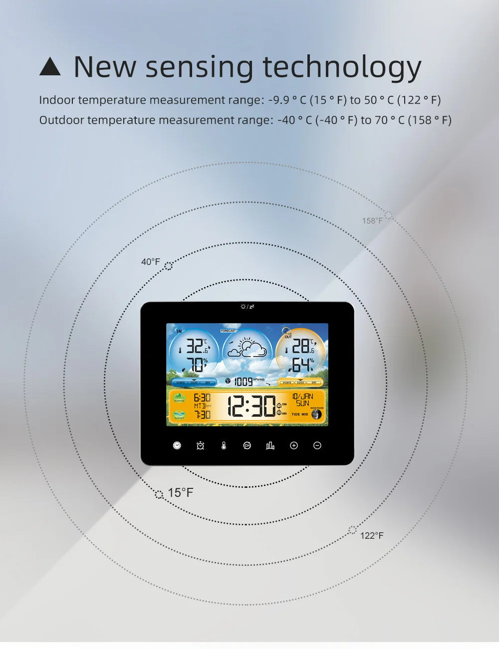 Termómetro de estación meteorológica con sensores remotos y pantalla táctil a color Estación de pronóstico del termómetro meteorológico con amanecer y puesta de sol